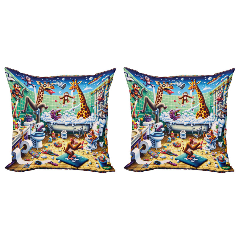 430012_Ambesonne, housse de coussin humoristique, ensemble de 2 animaux de bain chaos rigolos, H 16 po x l 16 po