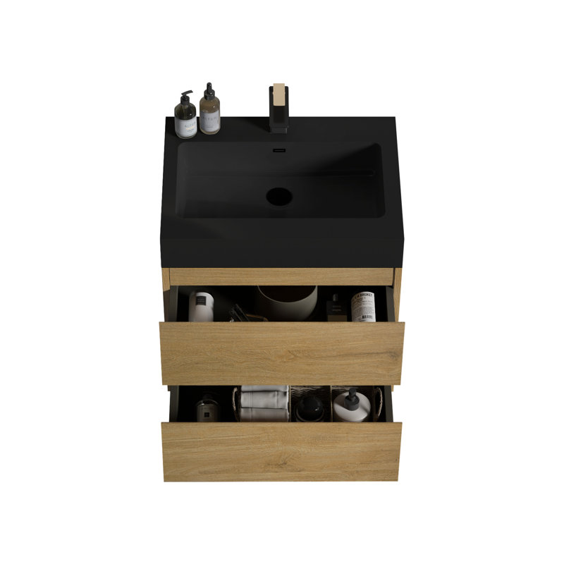 Équipement de salle de bain moderne - meuble-lavabo en chêne naturel de 24 po avec lavabo, tiroir spacieux en chêne, design d'intérieur, grand espace, fonctionnalité silencieuse
