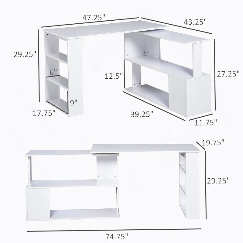 Bureau en L avec tablettes de rangement, Blanc