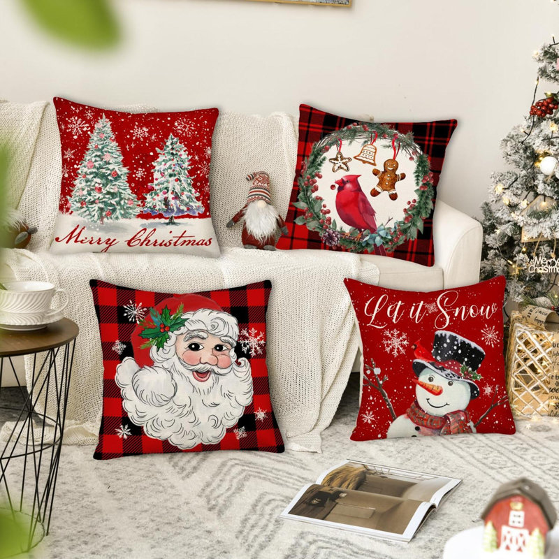 Ensemble de 4 housses de coussin décoratives rouges Merry Christmas 24 X 24 pouces de 4 décorations de Noël campagnard à motif écossais Cardinal