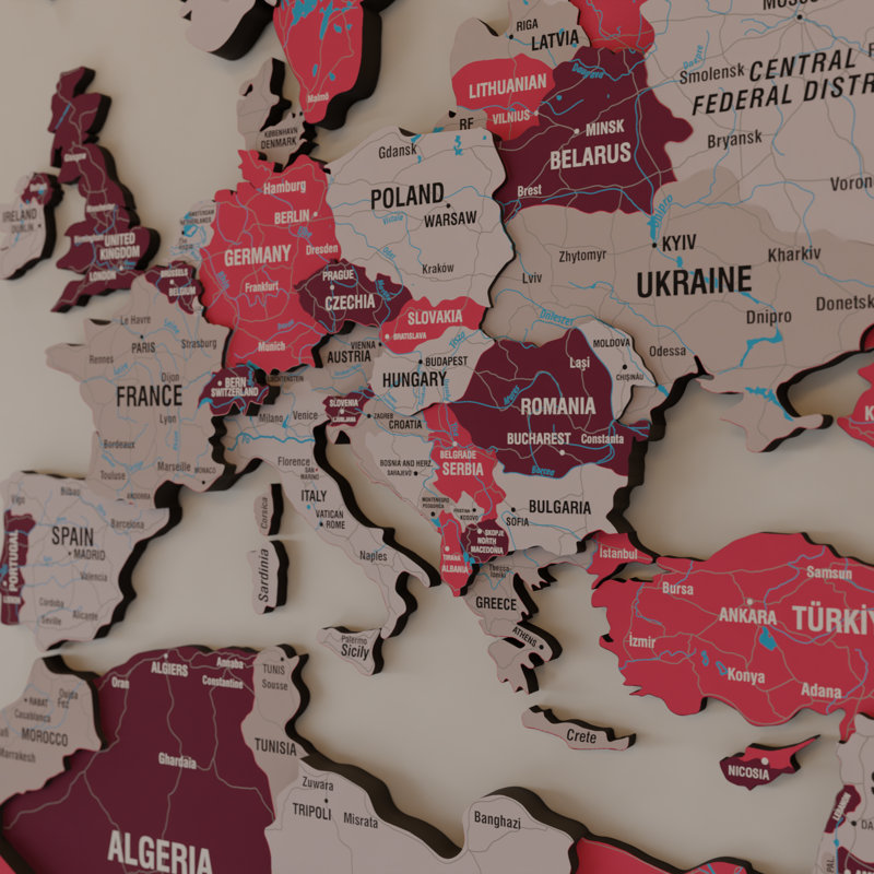 3D Wooden World Map – Multicolor UV Printed Wall Art, Modern Home & Office Decor, Crimson, 49.2" H x 70.9" W x 0.4" D