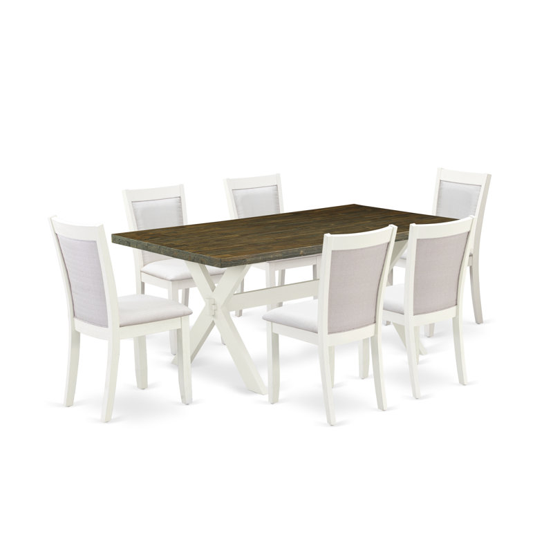 Dwann 7-PC Modern Dining Table Set - a Wooden Table with 6 Dining Chairs - Wire Brushed Linen White Finish, Cream