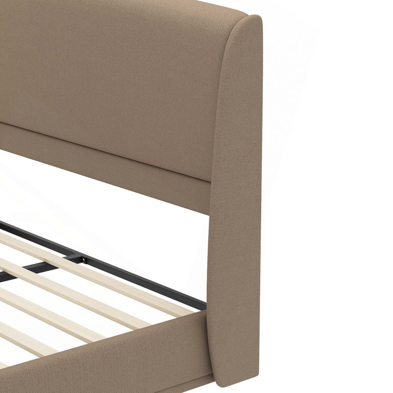 Upholstered Bed Frame With Wingback Headboard,Low Profile Platform Bed With Padded Headboard, Brown