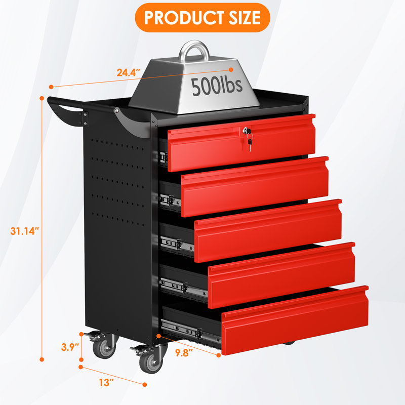 Metal Rolling Tool Chest with 5 Drawers and 4 Hooks, Tool Storage Cabinet with Lockable Wheels and Pushing Hands For Warehouse, Garage, Assembly Required, Black&Red