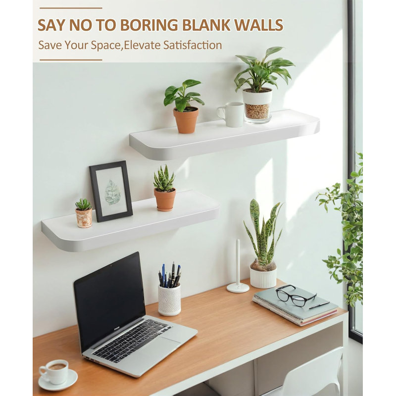 White Floating Wall Shelves, Set of 2, Modern Wood Storage for Home