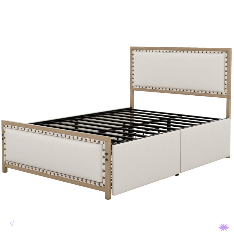 Lit plateforme tapissier avec décoration cloutée et 4 tiroirs, Lit double