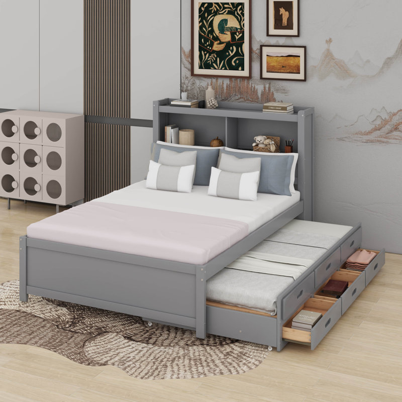Lit plateforme double avec lit gigogne, tiroirs et port USB, Gris