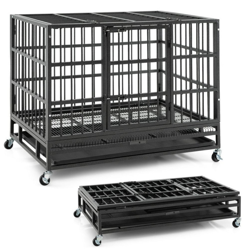 Cage à chien pliable en métal robuste avec roulettes verrouillables et plateau, H 30 po x l 38 po x P 26 po