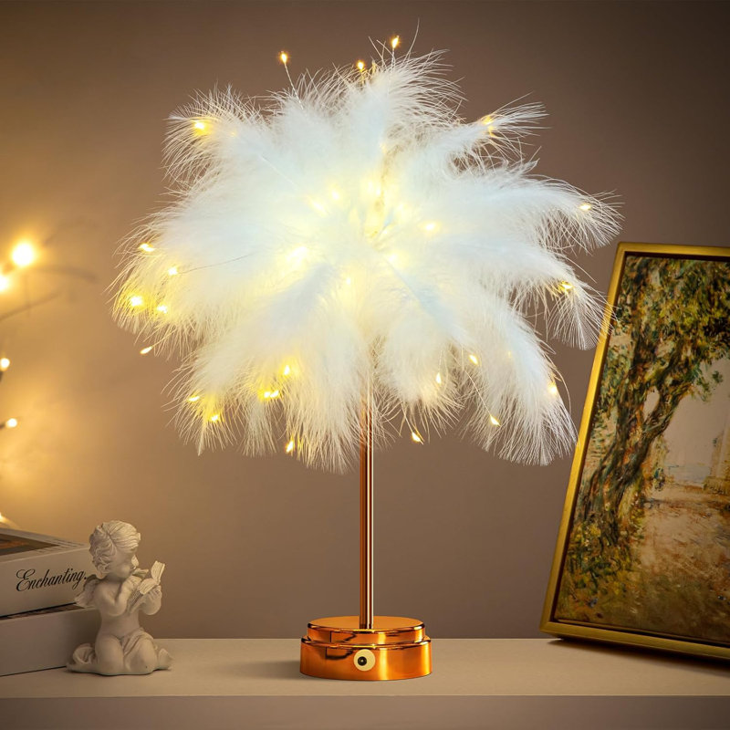 Lampe de plume bleue Asterose - veilleuse décorative à DEL avec plumes réalistes, USB et alimenté par pile, fil de cuivre réglable, idéal pour la chambre à coucher, le mariage et la décoration intérieure