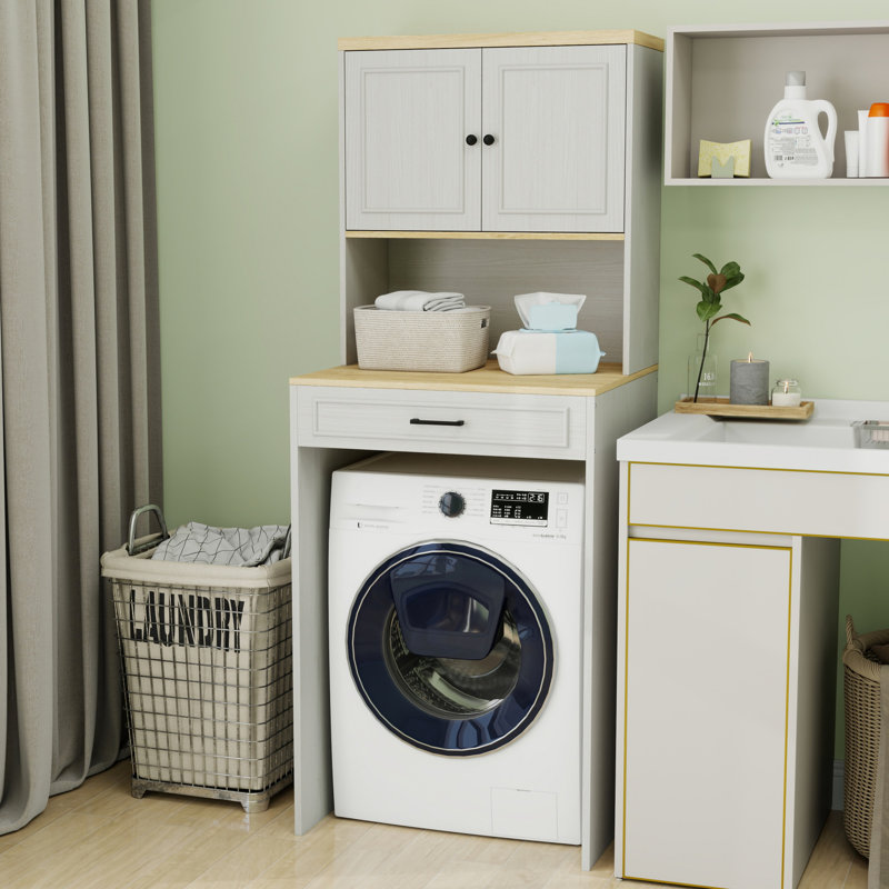 Over The Washer And Dryer Storage Cabinet With Adjustable Shelf And Fake Drawer Design, Ideal For Compact Laundry Rooms