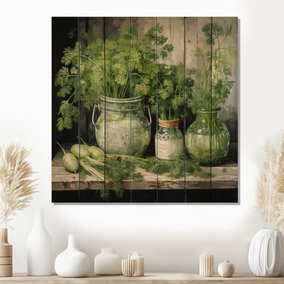 Herbs Pottery Delights III - Herbes florales sur bois