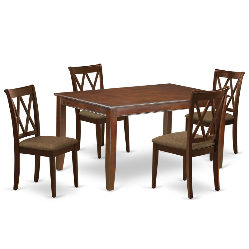 5 Piece Kitchen Table Set for 4 Includes a Dining Table and 4 Linen Fabric Dining Room Chairs, Mahogany, Mahogany, 5