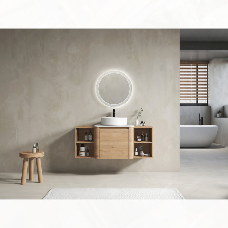 Meuble-lavabo mural avec lavabo d'art en céramique, deux tablettes de rangement et porte à fermeture en douceur