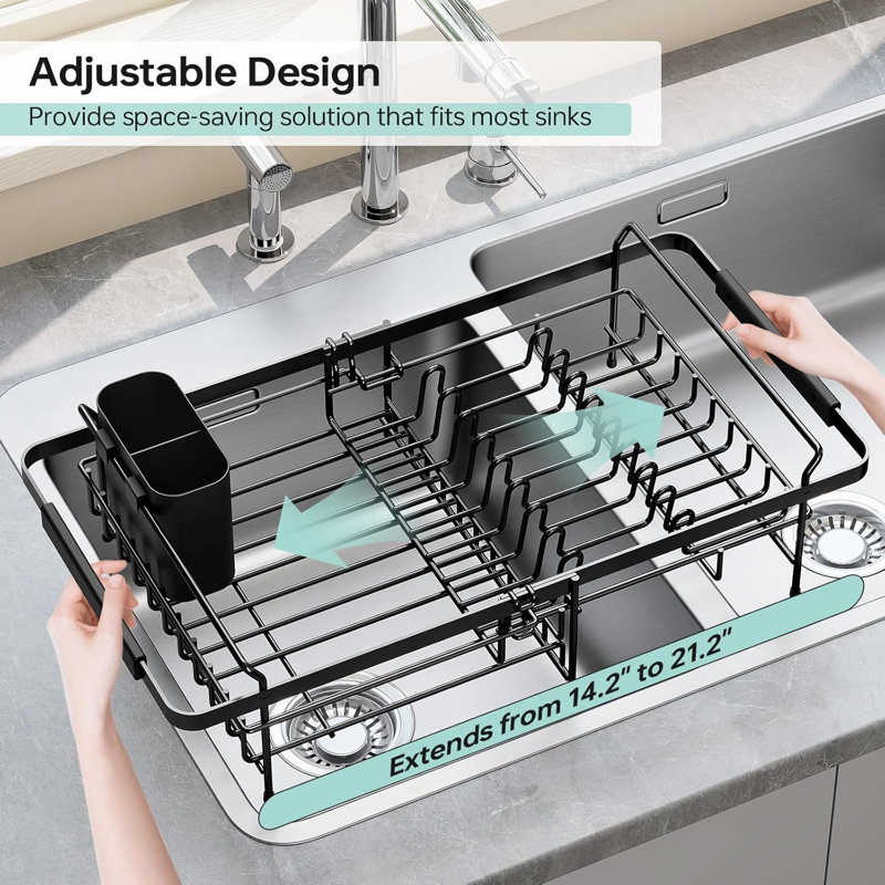 Égouttoir à vaisselle extensible pour évier et sur évier, noir, acier inoxydable, 37 à 46 cm, résistant à la rouille, gain de place, avec porte-ustensiles amovible