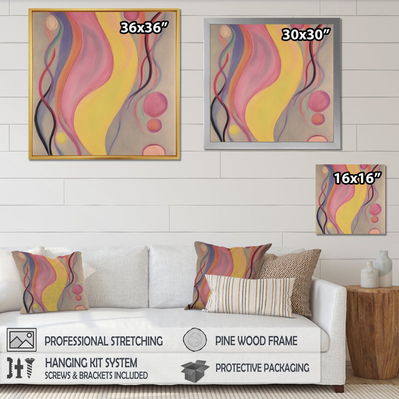 Danse de l'ombre, illustration vintage jaune et rose - peinture abstraite, impressions d'art mural, Cadre flottant doré