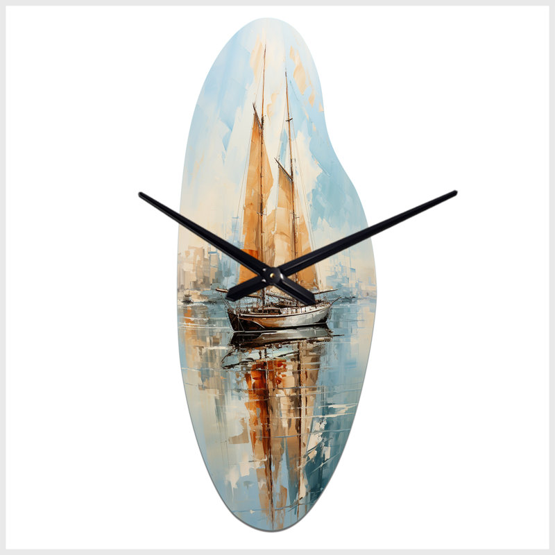 Claassen Minimalism Sailboat Serene III - Boat Sailing Curved Metal Wall Clock, Modern Asymmetrical Wall Clock Print, Grand