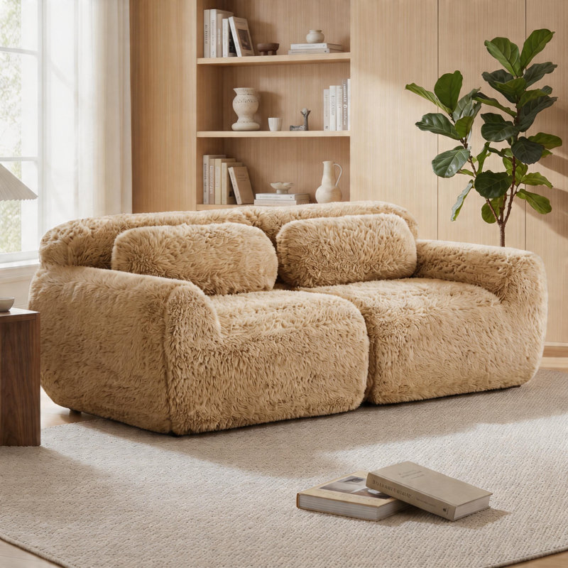 Canapé 2 places en peluche à compression - sans assemblage, base antidérapante, Kaki pâle