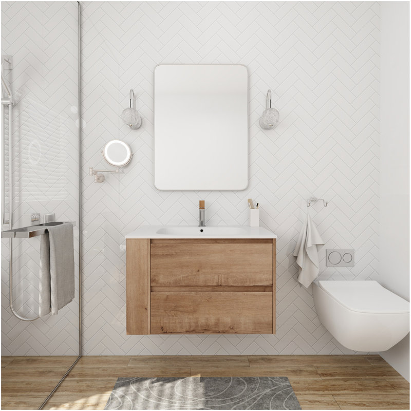 30" Wall Mounting Bathroom Vanity With Gel Sink, Soft Close Drawer, Imitative Oak