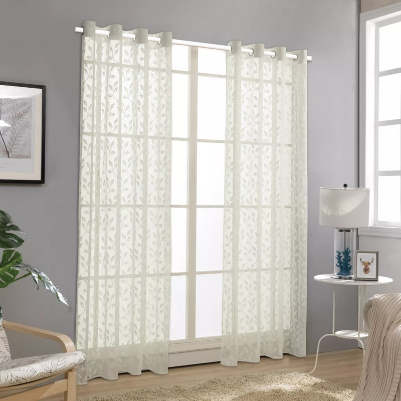 Fingal Semi Sheer Curtain Pair, Width 140cm x Drop 175cm, Leaves Cream
