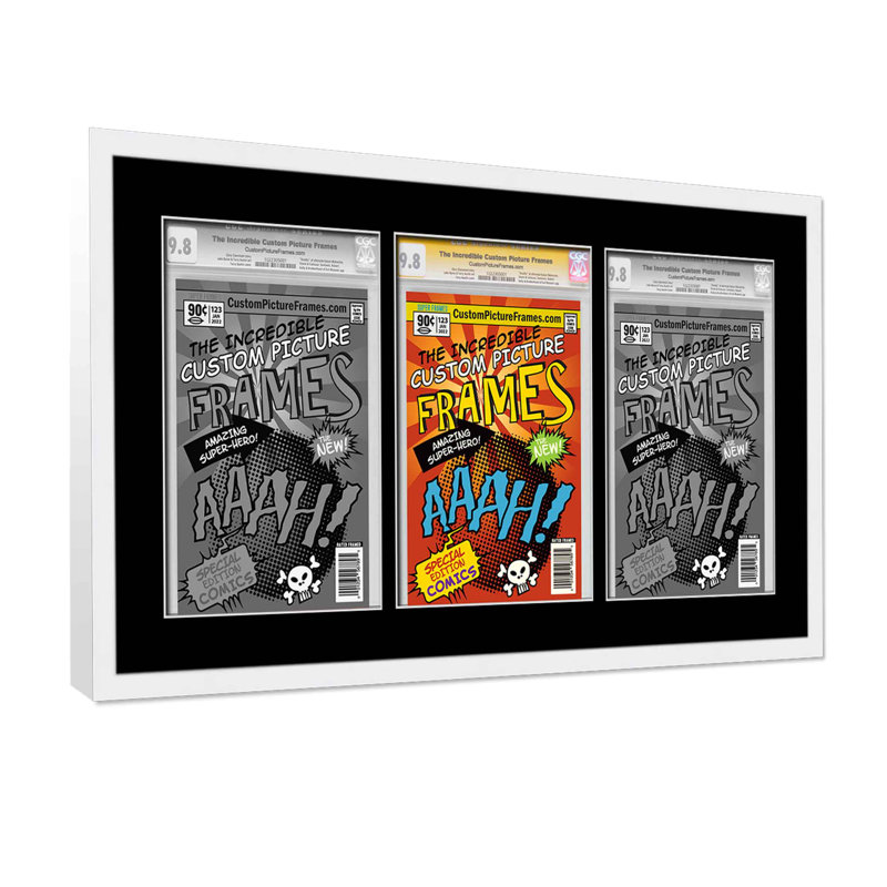Cadre de bandes dessinées avec 3 ouvertures classées pour reproduire 3 bandes dessinées horizontalement avec acrylique UV, support et quincaillerie