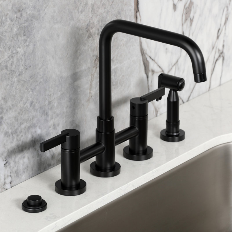 Kingston Brass Continental Two-Handle 4-Hole Deck Mount Bridge Kitchen Faucet with Brass Side Sprayer, Matte Black