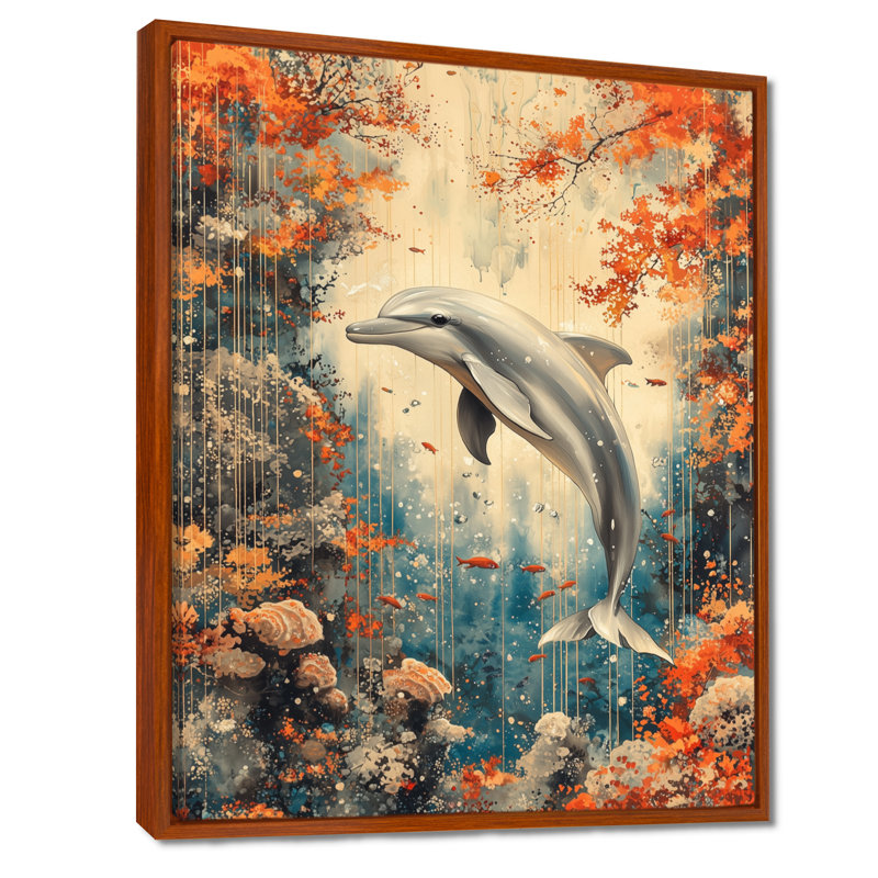 Reproduction d'art sur toile, "Dauphin au-dessus d'un corail", H 44 po x l 34 po, Impression encadrée flottante, Brun
