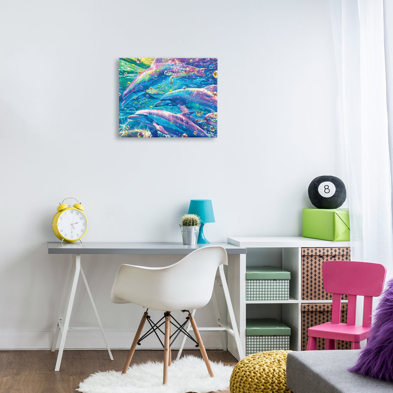 Trio de dauphins colorés, design par Michael Ward, H 16 po x l 20 po