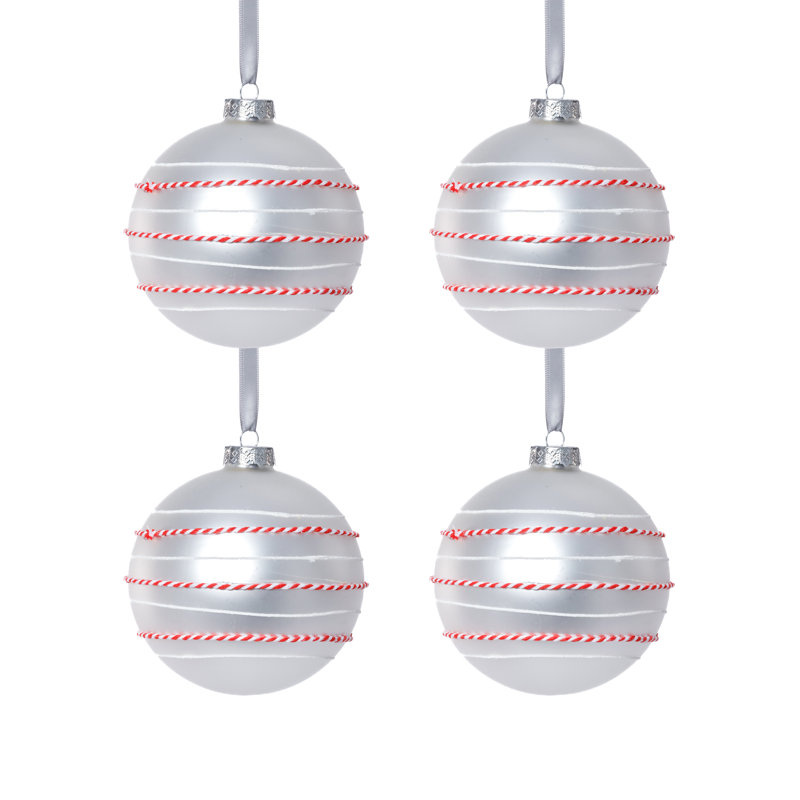 Ensemble 4 pièces d'ornements boule en verre mat 4,75 pouces avec corde blanche et rouge, Blanc