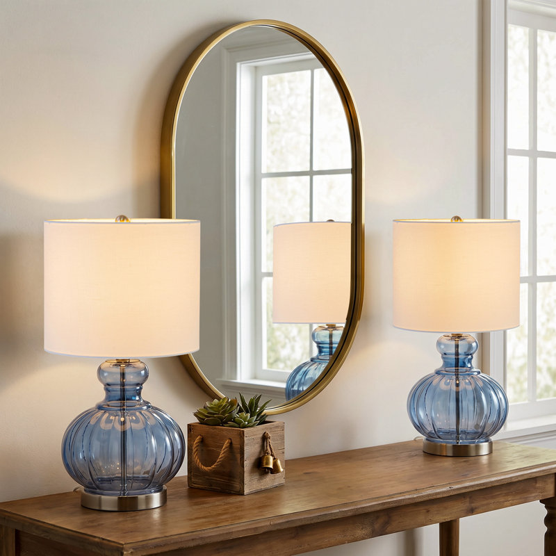 20.25” Blue Gourd Table Lamp With Glass Base And White Fabric Shade, Blue