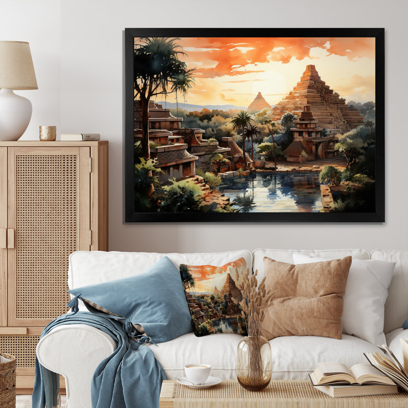 «Teotihuacan Sunrise Impressionism II», art mural Mexique, Cadre simple noir, H 16 po x l 32 po x P 1 po