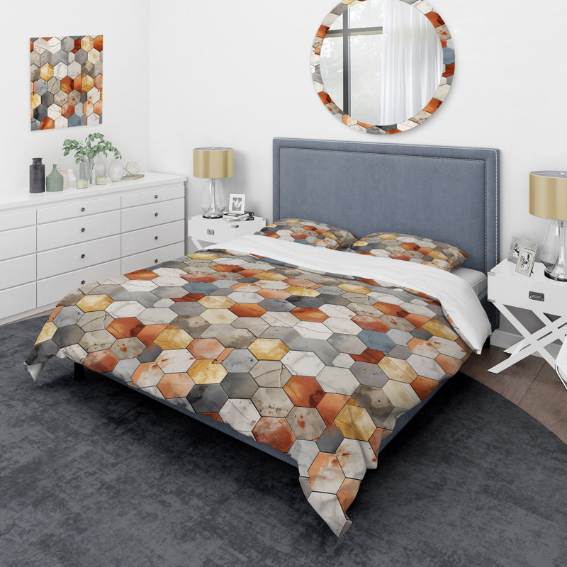 Ensemble de housse de couette motif géométrique Rustic Hexagons Boho, Housse de couette simple + 1 taie décorative stan