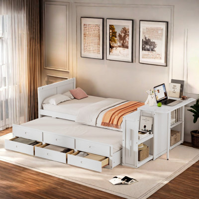 Multifunctional Wood Platform Bed With Desk And Storage Shelves, Built-in Trundle And 3 Drawers by Lark Manor