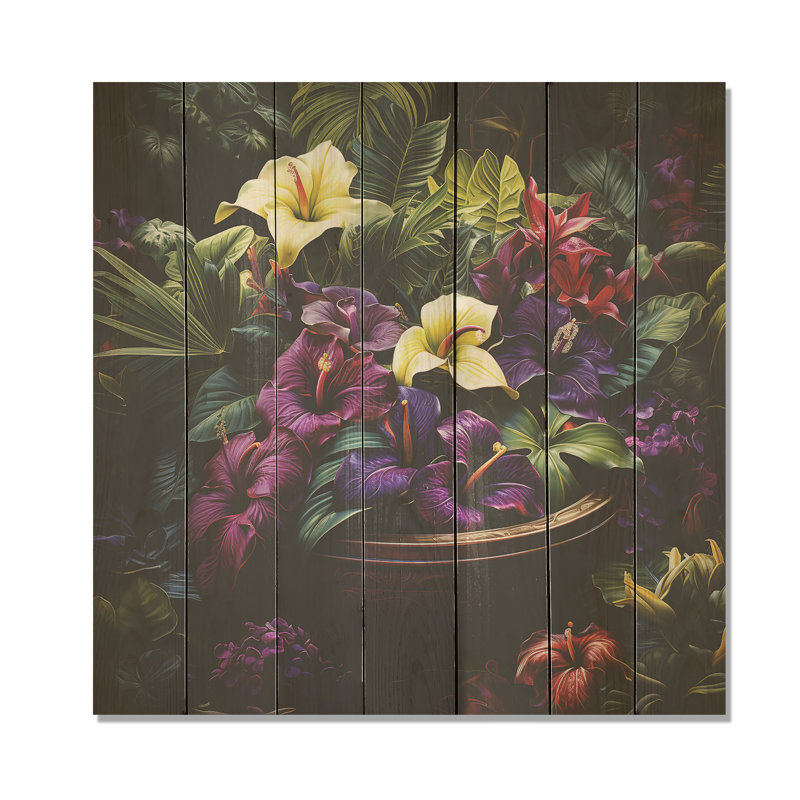 Purple Floral Tropical Pottery Haven - Fashion Bitcoin On Wood Print, 25" H x 25" W
