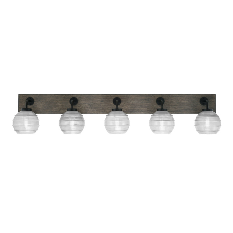 Oxbridge 5 Light Bath Bar Shown With 6" Glass, Clear, Matte Black/Distressed Gray