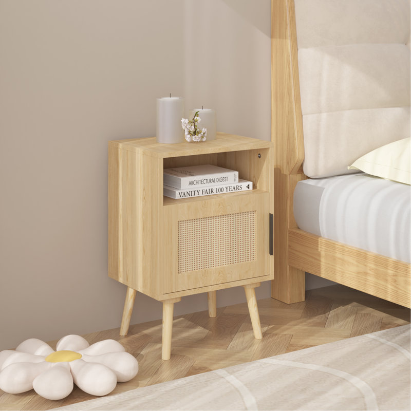 Rattan Nightstand, Side Table With Door Open Shelf, Accent Bedside End Table With Solid Wood Legs For Bedroom, Dorm And Small Spaces