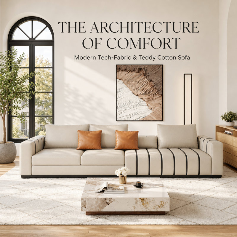  Wrought Studio™ 118" Modern Oversized Cream Faux Leather Sofa with Black Striped Details and Toss Pillows