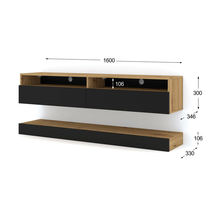 Donan Floating TV Stand for TVs up to 65", Black Matt/Oak Artisan