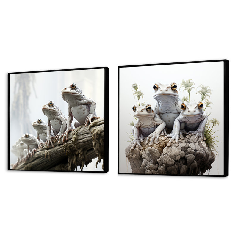 Minimalisme Frog Family Harmony - Ensemble de 2 collages carrés grenouilles et crapauds, Cadre flottant noir
