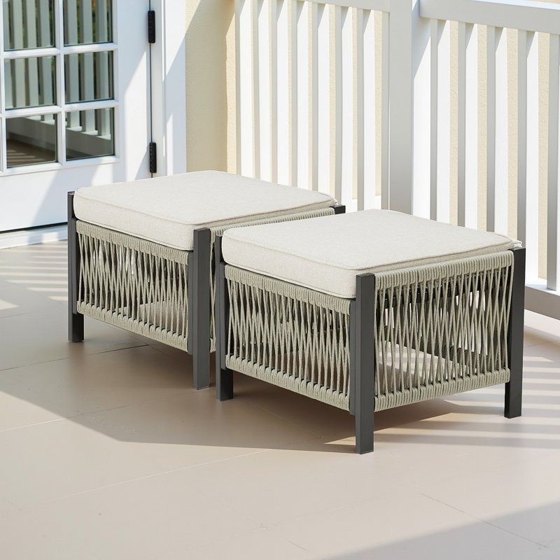 Ensemble de 2 repose-pieds d'extérieur en osier PE avec coussin pour la cour ou la terrasse, Beige