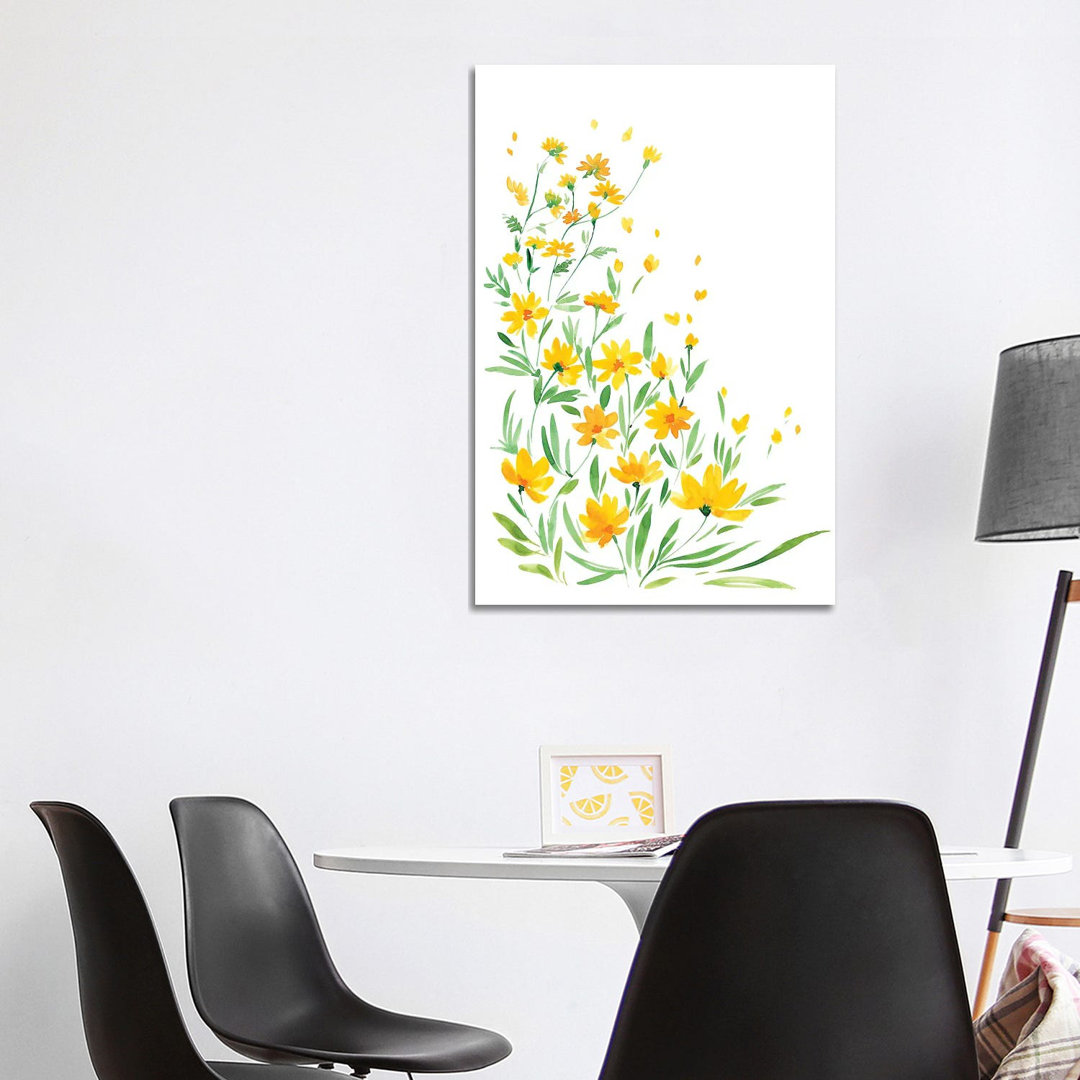 Gelbe Aquarell-Wildblumen von Blursbyai - Galerie-umwickelte Leinwand Giclée auf Leinwand