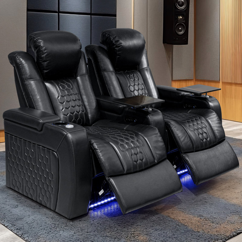 Fauteuil de cinéma maison en cuir véritable 2 pièces, noir, Noir