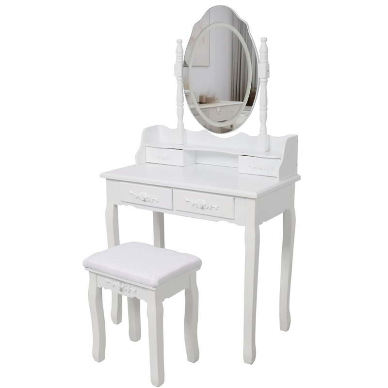 Coiffeuse en bois avec miroir et tabouret, Blanc