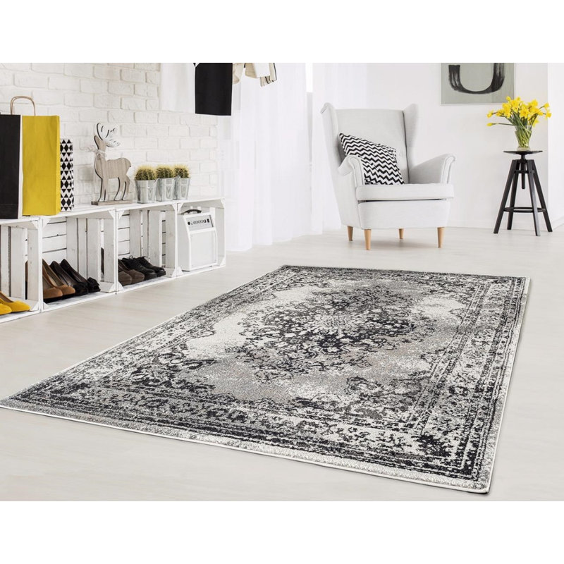 Tapis oriental anthracite area Gries, Rectangle 5 pi 2 po x 7 pi 2 po
