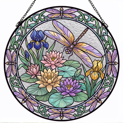 Dragonfly Lotus Stained Glass Window Panel，12"H