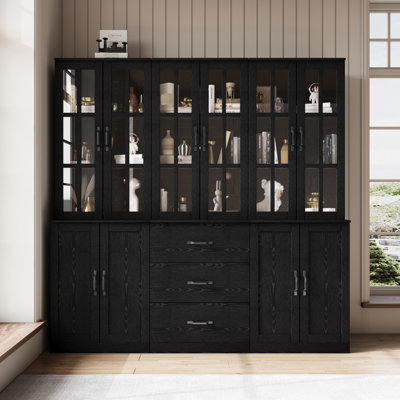 71" H X 71" W Bookcase Cabinet With Glass Doors And Large Storage Drawers(C+2D)