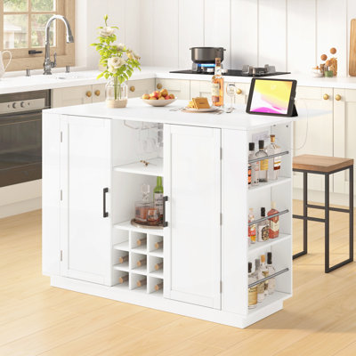 Counter Height Table with Foldable Top and Power Outlet, Sideboard Buffet Cabinet and Bar Cabinet, Wine Rack and Stemware Holder, Door Storage Cabinet for Dining Room (Chairs Not Included)