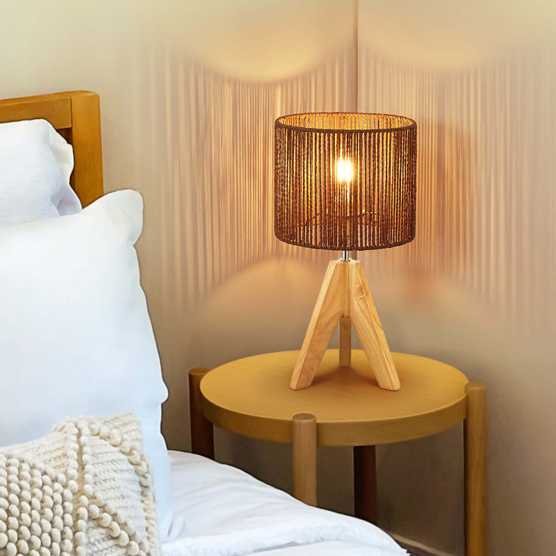 Aurion 14.2" Beige Solid Wood Tripod Table Lamp Set with Rattan Shade