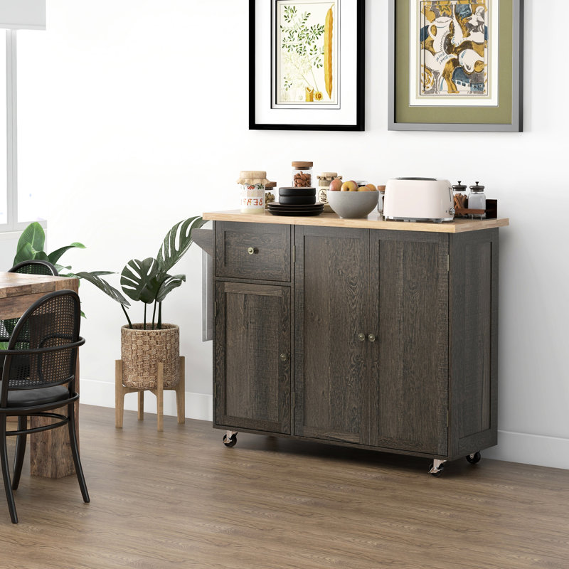 Chariot pour îlot de cuisine avec tiroir et armoires, plan de travail en bois, porte-serviettes, tablette réglable et mobile, grand tiroir au fini brun vieilli, roulant,