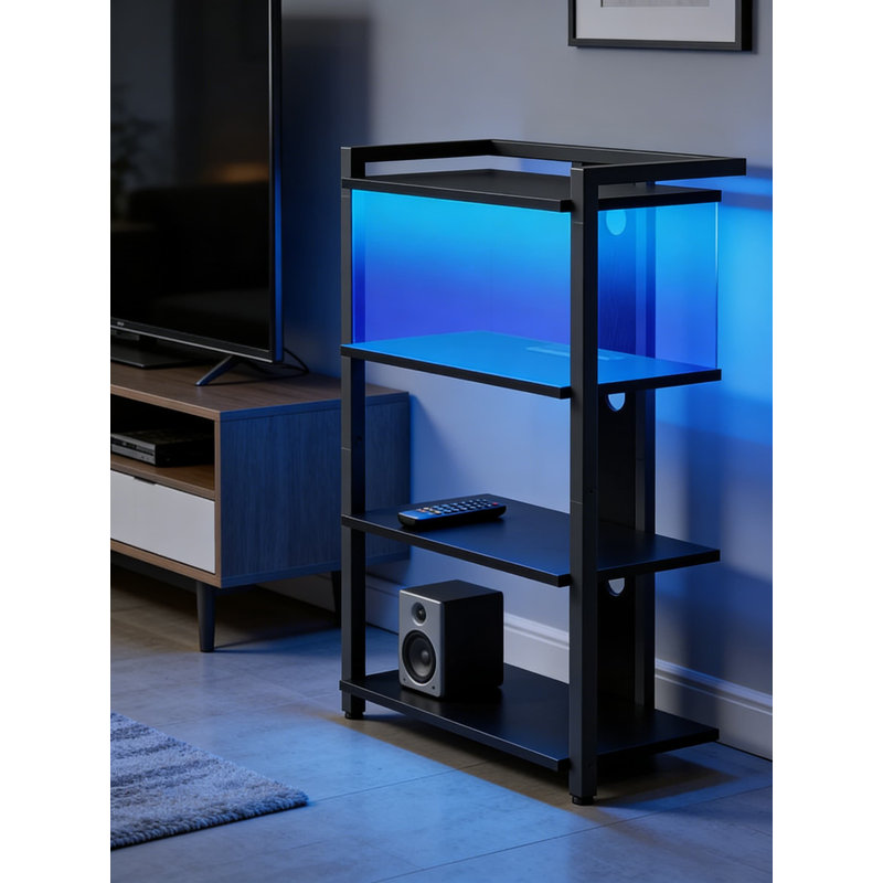 4-Tier Media Console With LED Lights And Charging Station - Wooden Entertainment Center For TV, Record Player, And Gaming Devices