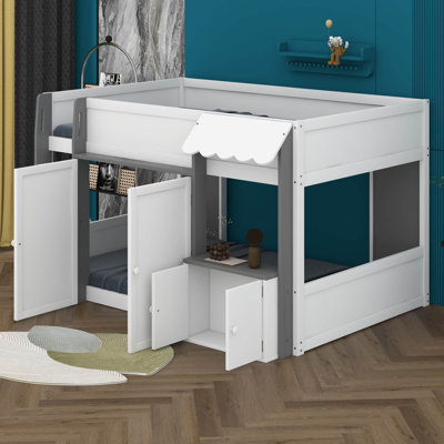 Lit mezzanine pleine grandeur avec maisonnette, lit cabine en bois avec armoire de rangement, porte pour enfants / adolescents, zone de jeu inférieure polyvalente